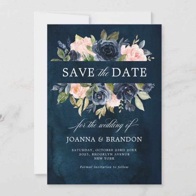 Navy Blue Blush Pink Rose Boho Wedding Save The Date (Front)