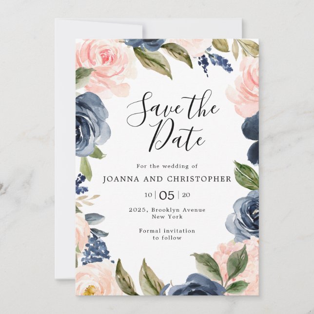 Navy Blue Blush Pink Rose Boho Wedding Save The Date (Front)