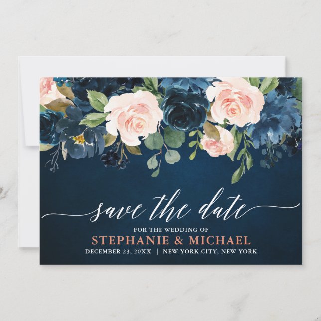Navy Blue Blush Pink Rose Boho Wedding Save The Date (Front)