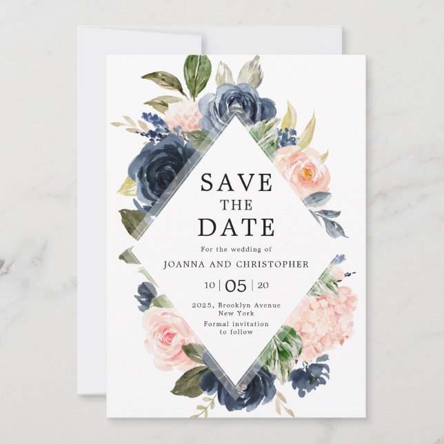 Navy Blue Blush Pink Rose Boho Wedding Save The Date (Front)
