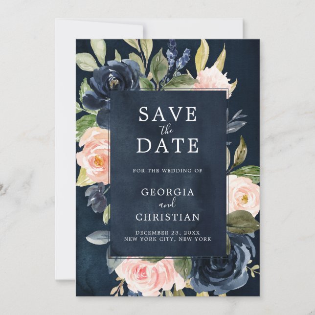 Navy Blue Blush Pink Rose Boho Wedding Save The Date (Front)