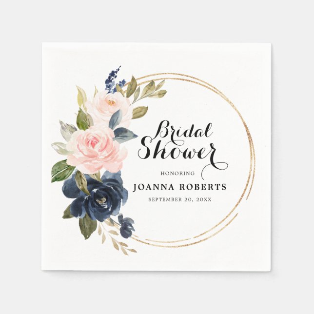 Navy Blue Blush Pink Rose Botanical Napkin (Front)