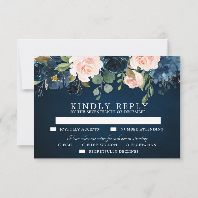 Navy Blue Blush Pink Rose Botanical RSVP Card (Front)