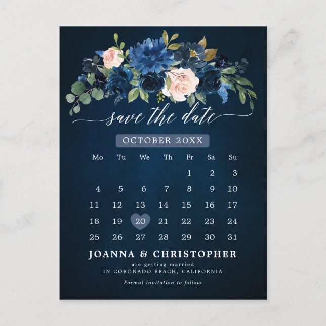 Navy Blue Blush Pink Rose Botanical Save the Date Announcement Postcard (Front)