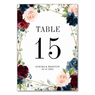 Navy Blue Blush Pink Rose Botanical Table Number