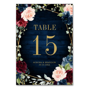 Navy Blue Blush Pink Rose Botanical Table Number