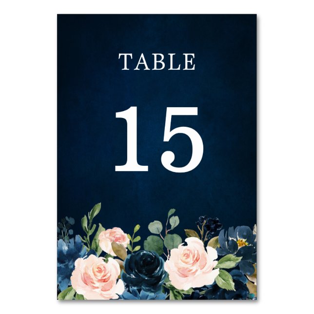 Navy Blue Blush Pink Rose Botanical Table Number (Front)