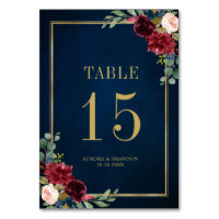Navy Blue Blush Pink Rose Botanical Table Number
