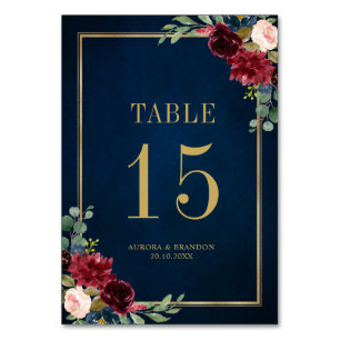 Navy Blue Blush Pink Rose Botanical Table Number