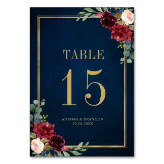 Navy Blue Blush Pink Rose Botanical Table Number
