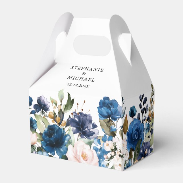 Navy Blue Blush Pink Rose Botanical wedding Favour Box (Back Side)