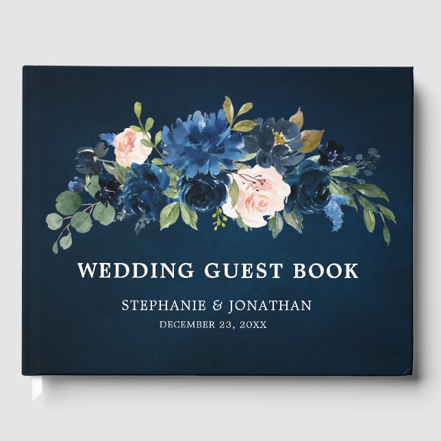 Navy Blue  Blush Pink Rose Botanical Wedding Guest Book (Front)