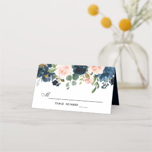 Navy Blue Blush Pink Rose Botanical Wedding Place Card