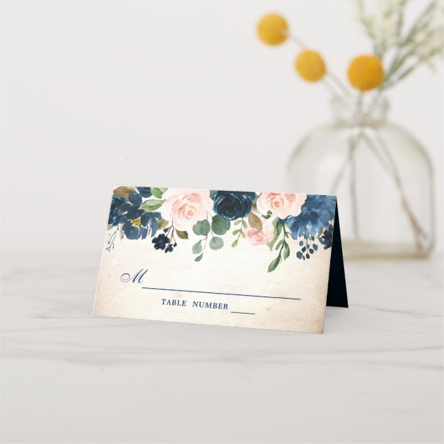 Navy Blue Blush Pink Rose Botanical Wedding Place Card (Front)