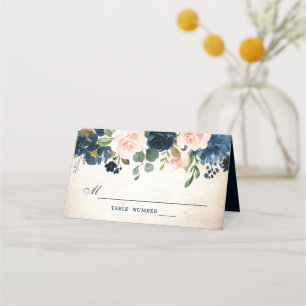 Navy Blue Blush Pink Rose Botanical Wedding Place Card