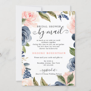 Navy Blue Blush Pink Rose Bridal Shower by mail Invitation