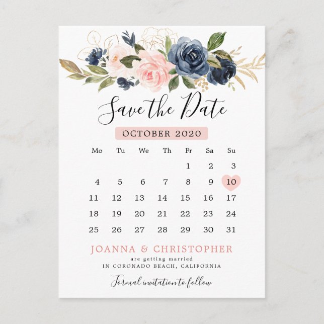Navy Blue Blush Pink Rose Calendar Save the Date Announcement Postcard (Front)