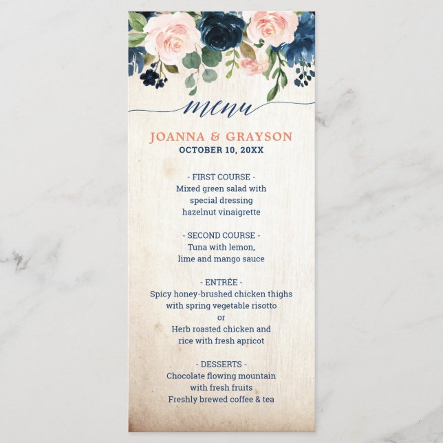 Navy Blue Blush Pink Rose Floral Boho Wedding Menu (Front)