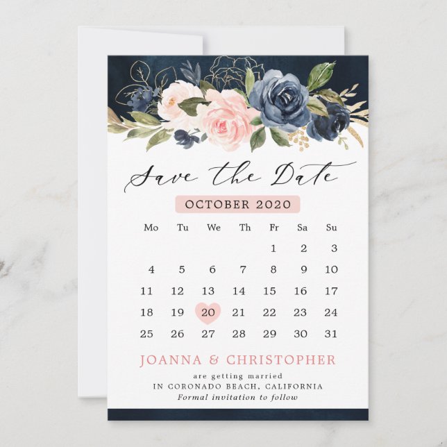 Navy Blue Blush Pink Rose Floral Calendar Save The Date (Front)