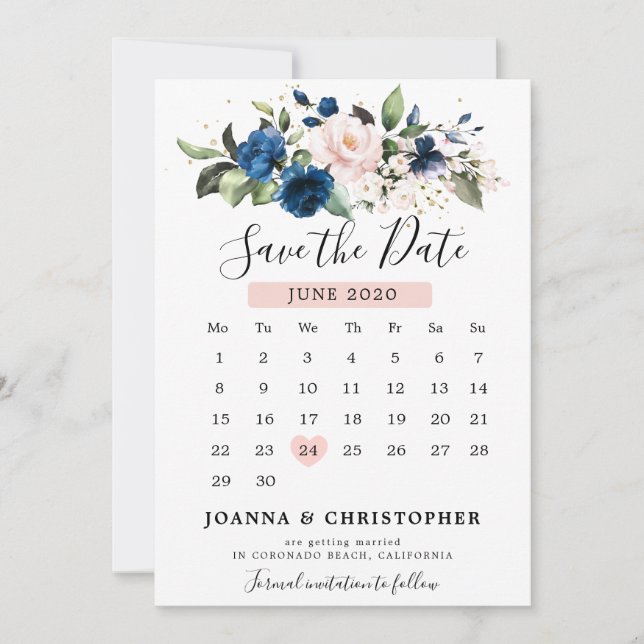 Navy Blue Blush Pink Rose Floral Calendar Save The Date (Front)