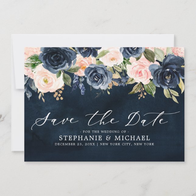 Navy Blue Blush Pink Rose Floral Save The Date (Front)