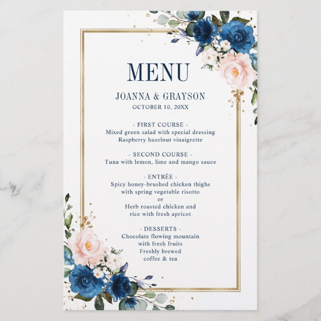 Navy Blue Blush Pink Rose Geometric Wedding Menu (Front)