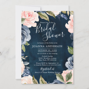 Navy Blue Blush Pink Rose Gold Boho Bridal Shower Invitation
