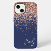 Navy Blue Blush Pink Rose Gold Glitter Monogram