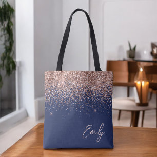 Navy Blue Blush Pink Rose Gold Glitter Monogram Tote Bag