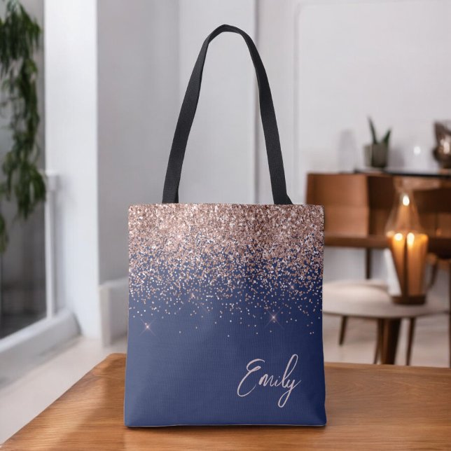 Navy Blue Blush Pink Rose Gold Glitter Monogram Tote Bag (Creator Uploaded)