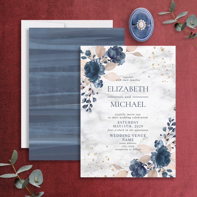 Navy Blue Blush PInk Rose Marble Floral Wedding Invitation (Creator Uploaded)
