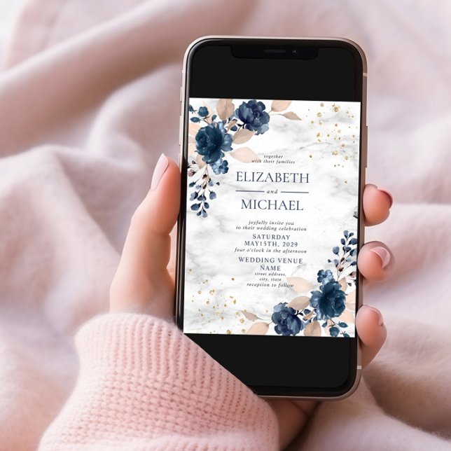 Navy Blue Blush PInk Rose Marble Floral Wedding Invitation (Creator Uploaded)