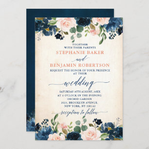 Navy Blue Blush Pink Rose Rustic Boho Wedding Invitation