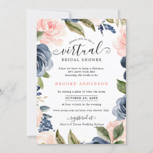 Navy Blue Blush Pink Rose Virtual Bridal Shower Invitation