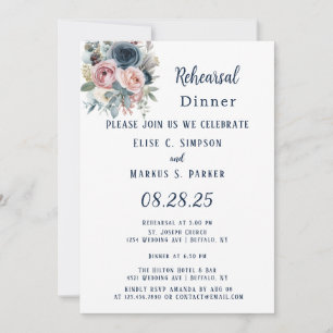 Navy Blue Blush Pink Rose Wedding Rehearsal Dinner Invitation
