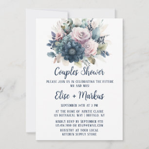 Navy Blue Blush Pink Roses Couples Shower Invitation