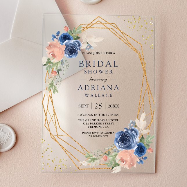 Navy Blue Blush Pink Roses Geometric Bridal Shower Acrylic Invitations (Creator Uploaded)