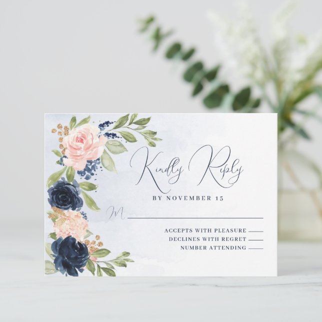 Navy Blue Blush Pink RSVP Response Card (Standing Front)