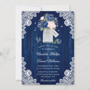 Navy Blue Blush Pink Rustic Country Floral Wedding Invitation