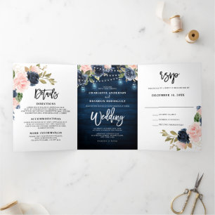 Navy Blue Blush Pink String Lights Trifold Wedding