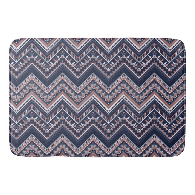 NAVY BLUE & BLUSH PINK TRIBAL ETHNIC PATTERNS BATH MAT (Front)