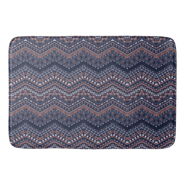 NAVY BLUE & BLUSH PINK TRIBAL ETHNIC PATTERNS BATH MAT (Front)
