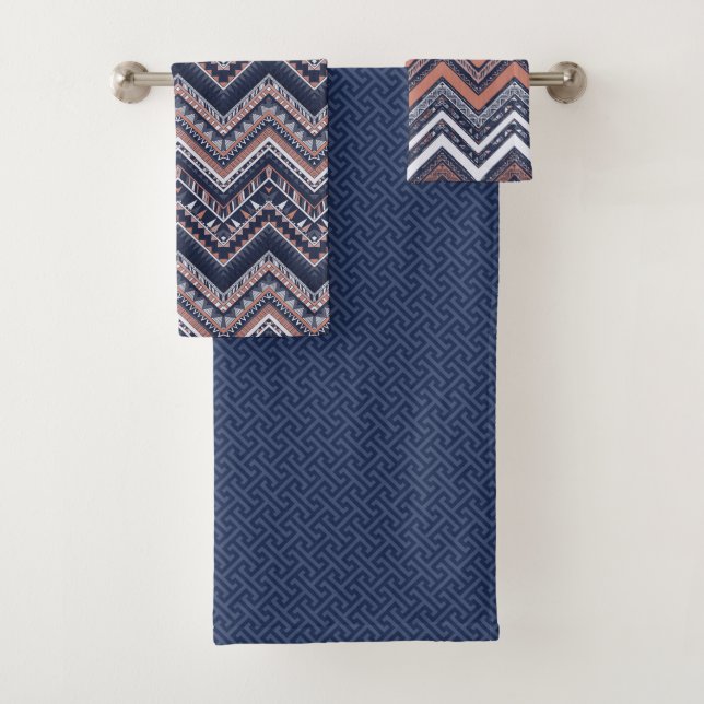 NAVY BLUE & BLUSH PINK TRIBAL ETHNIC PATTERNS BATH TOWEL SET (Insitu)