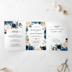 Navy Blue Blush Pink Trifold Wedding Invitation