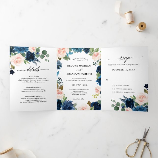 Navy Blue Blush Pink Trifold Wedding Invitation (Inside)