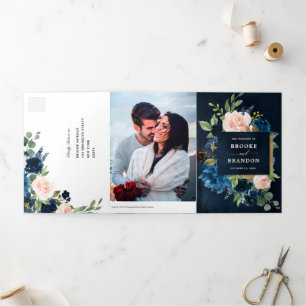 Navy Blue Blush Pink Trifold Wedding Invitation