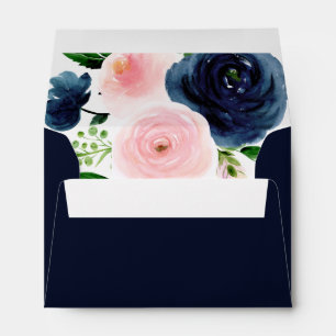 Navy Blue Blush Pink Watercolor Floral Wedding Envelope