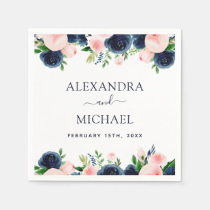 Navy Blue Blush Pink Watercolor Floral Wedding Napkin