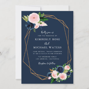 Navy blue blush pink wedding invitation