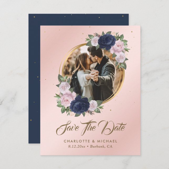Navy Blue Blush Pink Wedding Photo Save The Date Announcement (Front/Back)